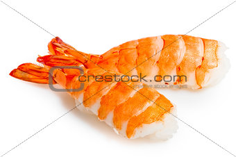 Two sushi shrimp and rice on a white background