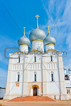 beautiful white stone Orthodox Cathedral with gray domes