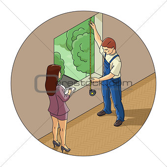Man and woman measure window