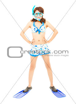 young woman put on a scuba diving equipment and standing