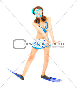 happy young woman make a funny pose with a scuba equipment