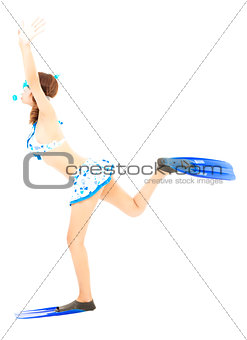 happy young girl runs with scuba diving equipment