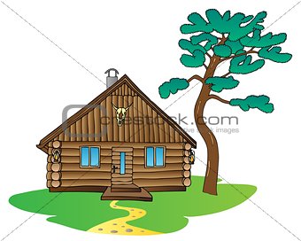 Wooden cabin and pine tree