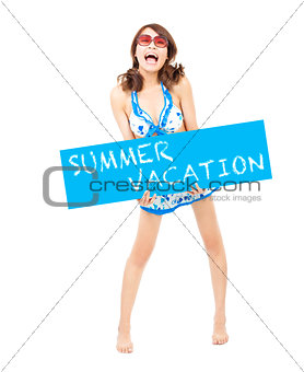 smiling sunny bikini girl standing and holding a board