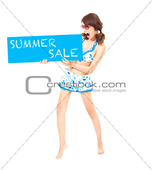 bikini girl holding a sign of  summer sale