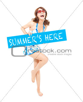 happy sunny bikini girl standing and holding a board