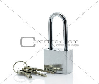 Padlock with three keys on white background