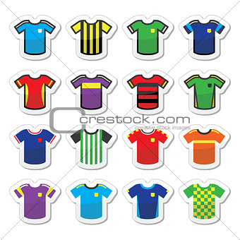 Football or soccer jerseys colorful icons set