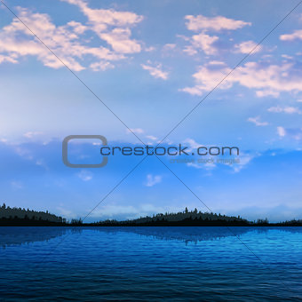 abstract sunset background with forest lake and clouds
