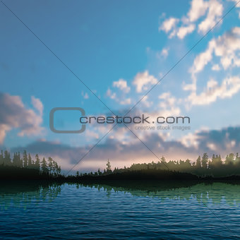 abstract night nature background with forest lake