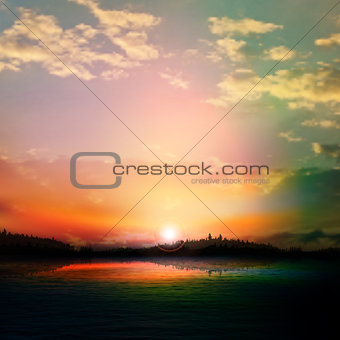 abstract sunset background with forest lake and clouds