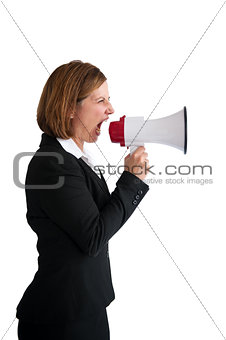 businesswoman shouting into a loudhailer