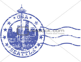 Shabby stamp with cityscape of Seattle - sights of USA