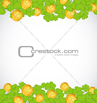 Greeting background with shamrocks and golden coins for St. Patr