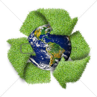 Recycle logo symbol from the green grass and earth. "Elements of