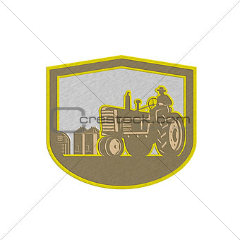 Metallic Farmer Driving Tractor Plowing Farm Shield Retro