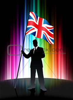 United Kingdom Flag with Businessman on Abstract Spectrum Backgr