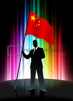 China Flag with Businessman on Abstract Spectrum Background