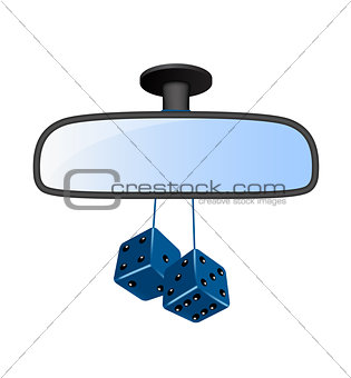 Car mirror with pair of blue dices