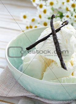 homemade creamy vanilla ice cream with natural vanilla sticks