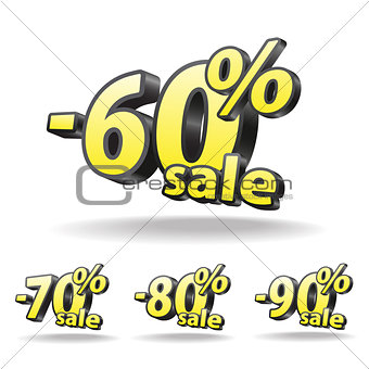 Sixty, Seventy, eighty, ninety percent discount icon on white background.