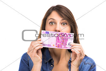 Woman holding some Euro currency notes