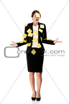 Business woman with yellow paper notes