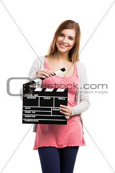 Woman holding clapboard