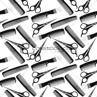 Seamless pattern of black-and-white hair-dressing tools