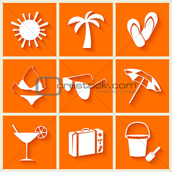 Summer and beach icons in flat style on orange background