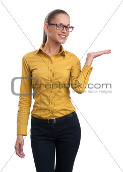 Happy Young Woman Presenting