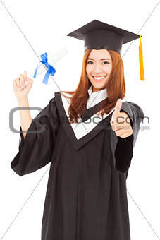 happy Graduate woman Holding diploma and thumb up