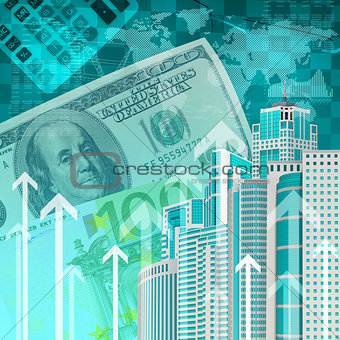Skyscrapers with background of money and arrows