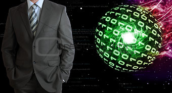 Businessman in a suit. Spheres of glowing digits