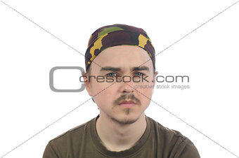 mustachioed young bearded man in a bandana