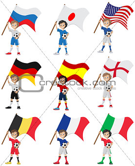Happy soccer fan holds flag