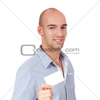 young successful businessman with blank business card