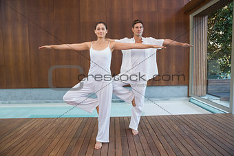 Peaceful couple in white doing yoga together in tree position