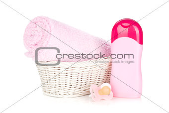 Baby shampoo, pacifier and towel for girl