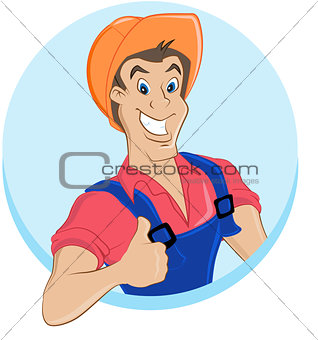 Worker in helmet smiling and showing thumb
