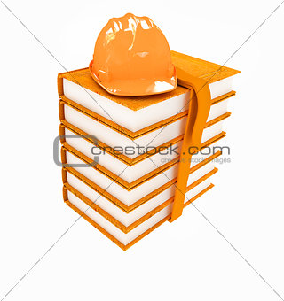 Stack of leather technical book with belt and hard hat