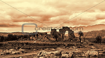 Ancient Troizina Ruins monochrome based on red, Greece
