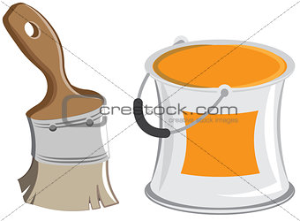 Wide paintbrush and cans. Vector cartoon