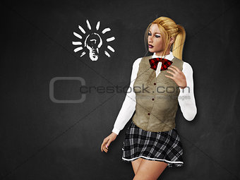 Girl with light bulb on blackboard