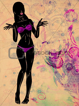 Grunge violet bikini girl silhouette