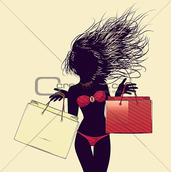 Halftone shopping bikini girl silhouette