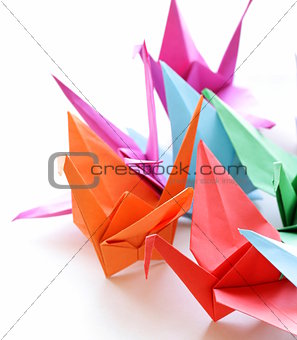 colorful paper origami birds on a white background