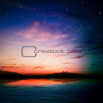 abstract nature background with forest lake and sunrise