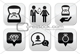 Engagement, diamond ring in box vector buttons set