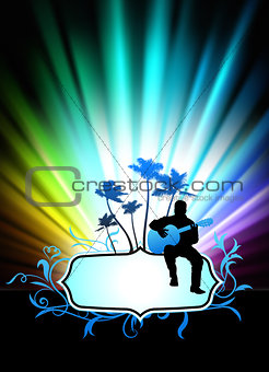Guitar Musician on Tropical Frame Background with Spectrum 